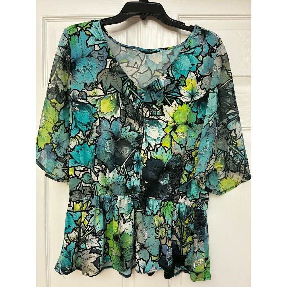 Women's Floral Peplum Blouse Button Front Sheer 3/4 Sleeve‎ Lightweight Top